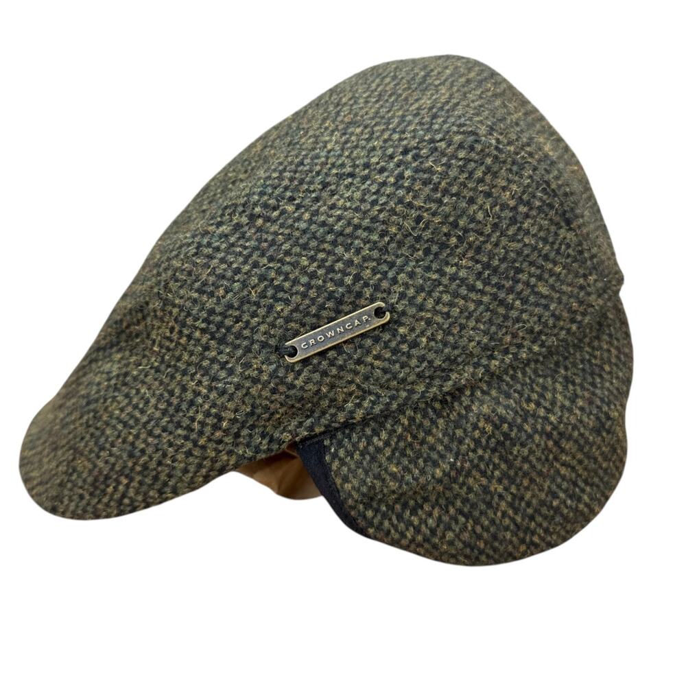 Crowncap Mens Wool Tweed Flat Cap Ivy Driving Hat Ear Flaps Green Vintage - Picture 6 of 14